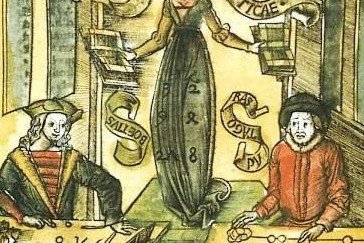 Das Bild hat den Titel Arithmetica und ist aus dem Buch Margarita Philosophica. Es illustriert die mittelalterliche Arithmetik.